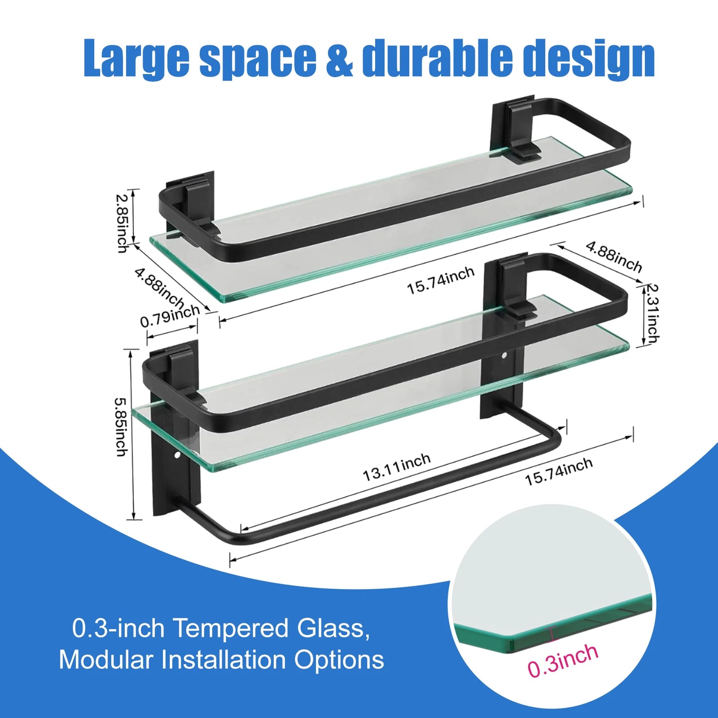 Glass Bathroom Shelf with Towel Bar 15.7in