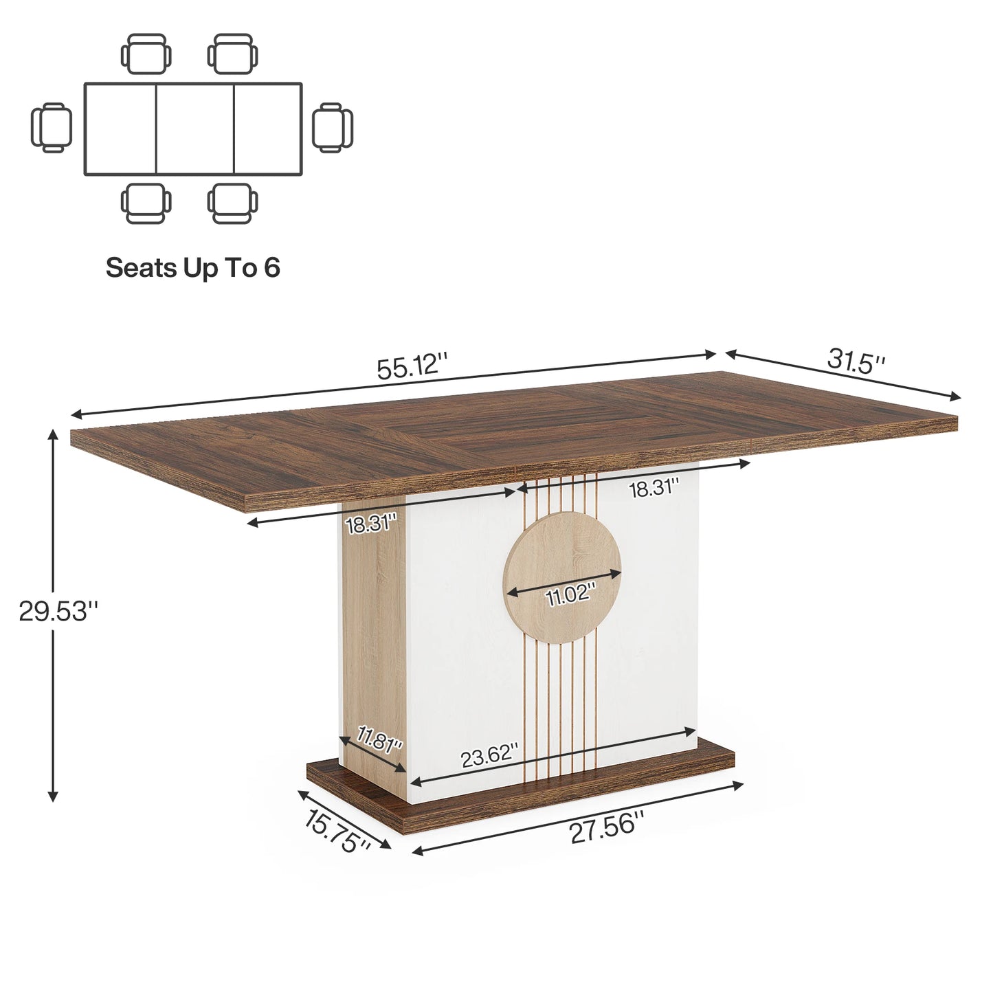 55" Rectangular Dining Table for 4 to 6 People, Farmhouse Wood Dinner Table for Kitchen, Dining Room & Living Room