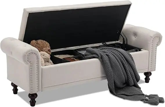 58.1'' Storage Bench Upholstered Linen, End of Bedroom Bed Bench, Ottoman with Tufted Cushion Rolled Arm Large Storage Space