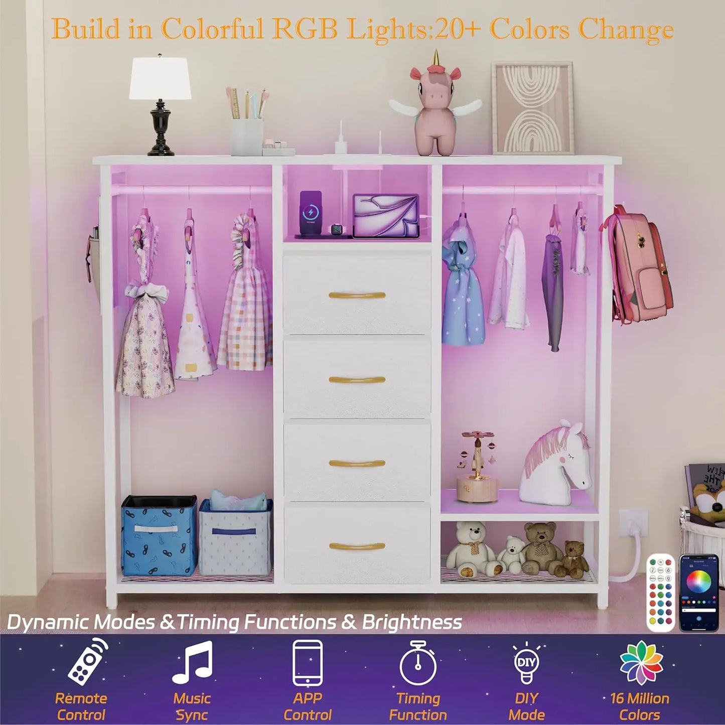 Dresser for Bedroom with 2 Clothes Racks, 4 Drawer Dresser with Led Light and Charging Station,White Dresser with Hanging Rack