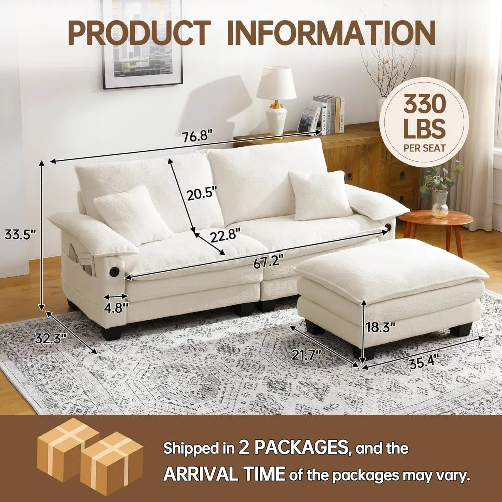 , 76.8’’ Loveseat Modular Sectional Sofa L Shaped Cloud Couch with USB, Side Pocket with Movable Ottoman
