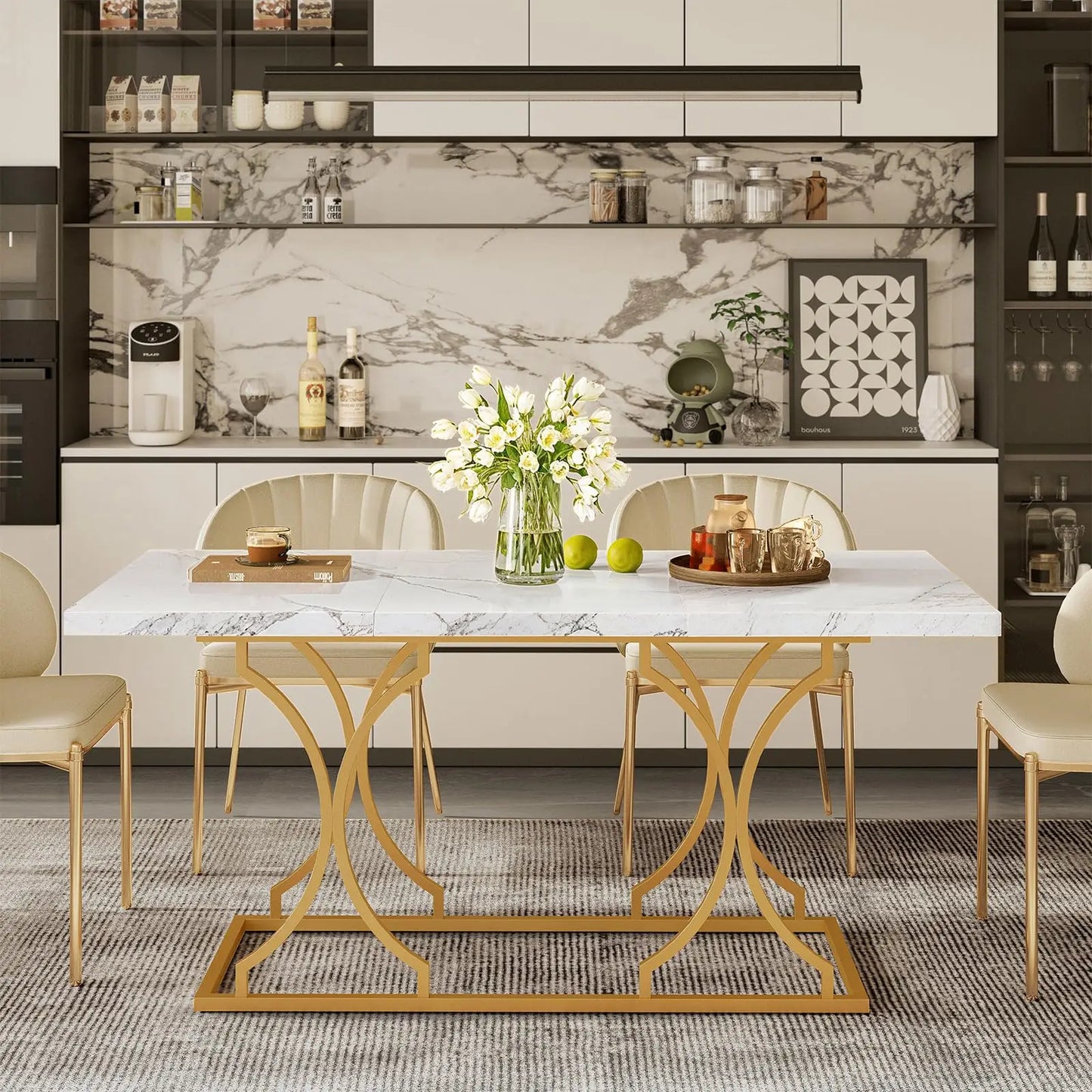 47.24 Inch Kitchen Table for 4 People Wooden Marble Pattern Dinner Room