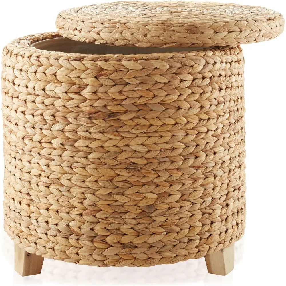 17" Round Storage Ottoman with Lid - Natural, Handwoven Water Hyacinth Footstool for Living Room