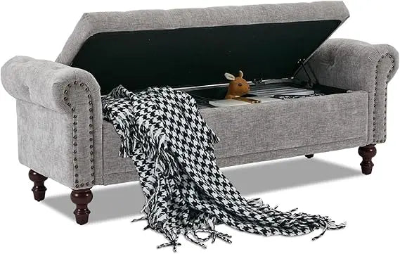 58.1'' Storage Bench Upholstered Linen, End of Bedroom Bed Bench, Ottoman with Tufted Cushion Rolled Arm Large Storage Space