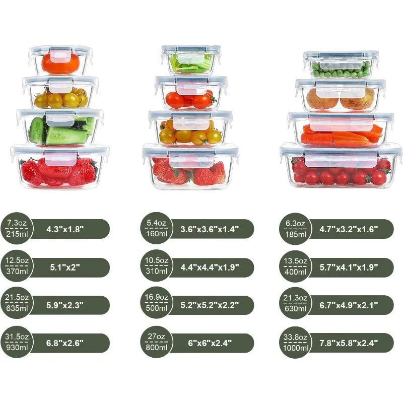 24 Pieces Air tight Glass Meal Prep Containers with Lids, Microwave and Freezer Safe