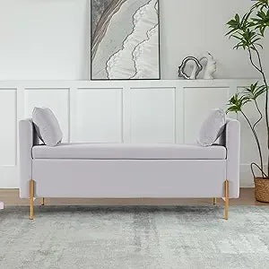 55" End of Bed Bench for King Size Bed, Upholstered Long Ottoman Bench with Arms and 2 Pillows