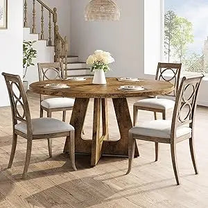 Farmhouse 47-Inch Round Large Dining Table Set for 4 to 6, with Wooden Top and Legs for Home Dining Room or Living