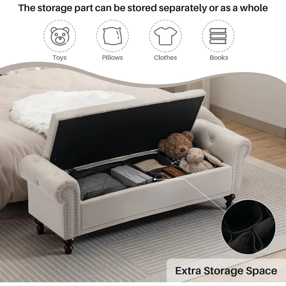 58.1'' Storage Bench Upholstered Linen, End of Bedroom Bed Bench, Ottoman with Tufted Cushion Rolled Arm Large Storage Space