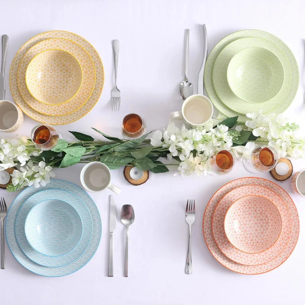 16PCS tableware Porcelain Multi-Colour Japanese-style Dinnerware Set with 4 Dinner Plate Dessert Plate Bowl Mug