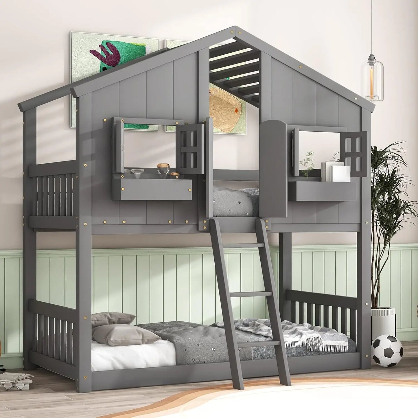 House Bunk Bed Twin Over Twin Wood Bunk Beds , Windows, Window Box and Small Door, Floor Bunk Beds with Ladder and Guard Rails