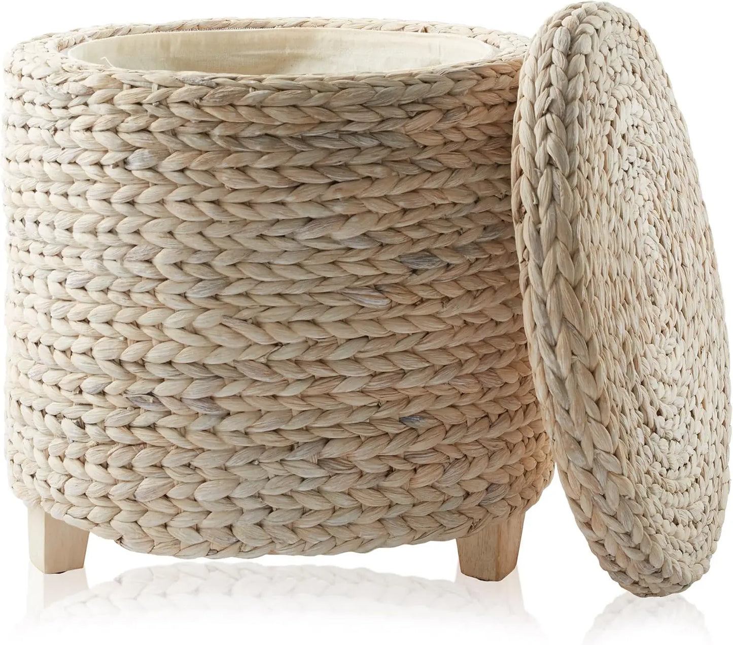 17" Round Storage Ottoman with Lid - Natural, Handwoven Water Hyacinth Footstool for Living Room
