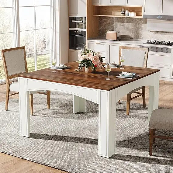 Square Dining Table for 4 Person, 39.4" Farmhouse Wood Kitchen Table Dinner Table for Dining Room, Small Space, Walnut + White