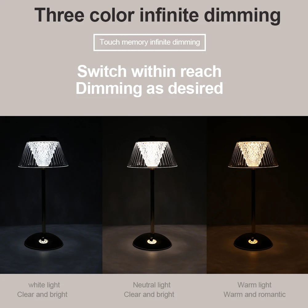 Crystal Table Lamp Metal Base Eye Protection Night Light Rechargeable