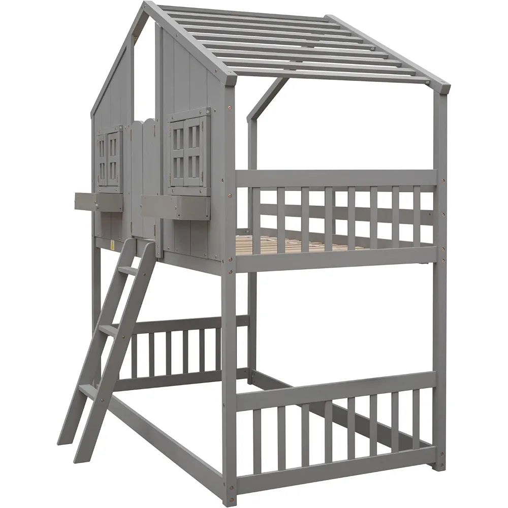 House Bunk Bed Twin Over Twin Wood Bunk Beds , Windows, Window Box and Small Door, Floor Bunk Beds with Ladder and Guard Rails
