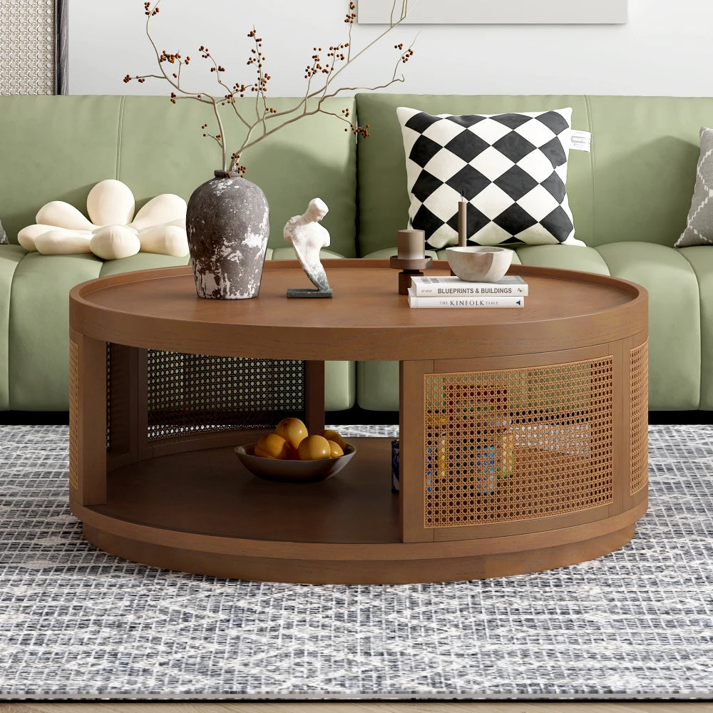 36.8'' Wooden Table, Round Cane Coffee Table with PE Rattan Side for Living Room,Brown