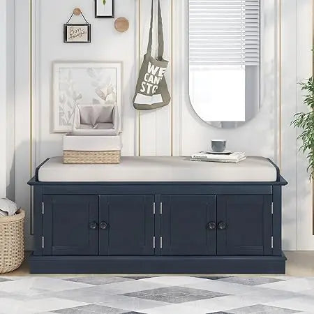 Rustic Storage Bench with 4 Doors and Adjustable Shelves Removable Cushion
