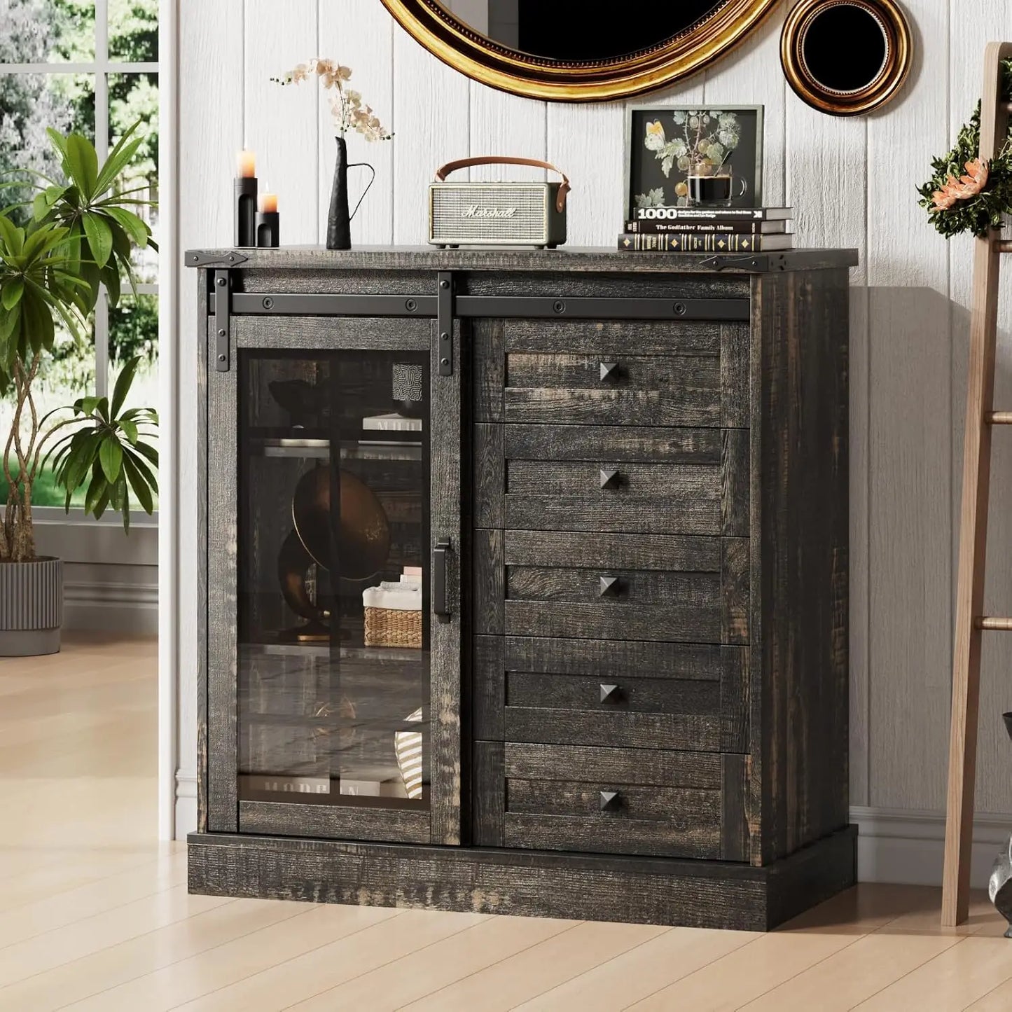 Dresser for Bedroom 6 Drawer Dresser with Slide Glass Door Farmhouse Tall Chest of Drawers Storage