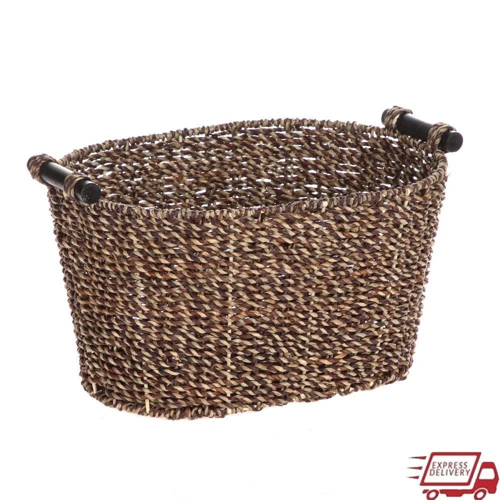 Oval Seagrass Storage Basket with Wooden Handles