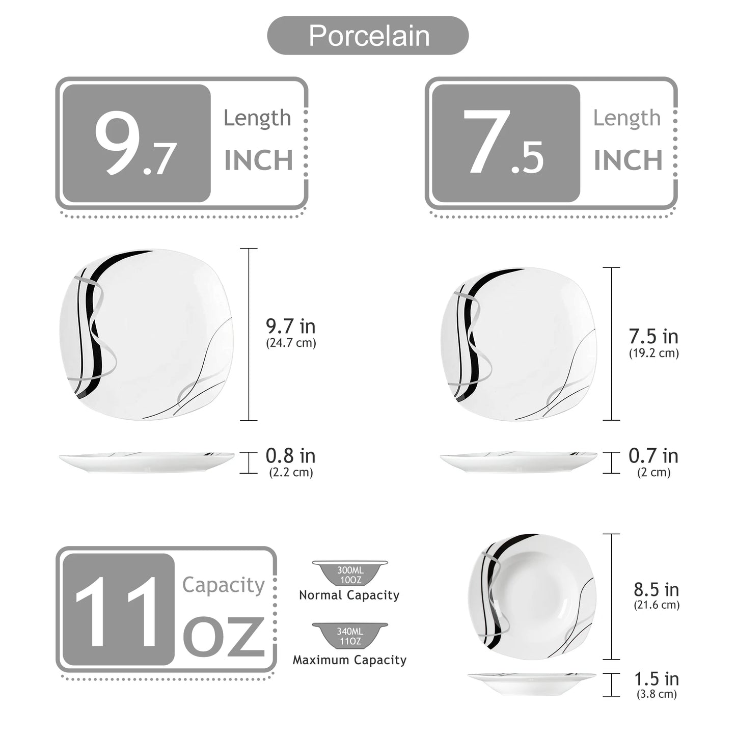 18/36-Piece Porcelain Ceramic Black Line Kitchen Tableware Dishes Plate Set with Dinner Plate,Dessert,Soup Plate