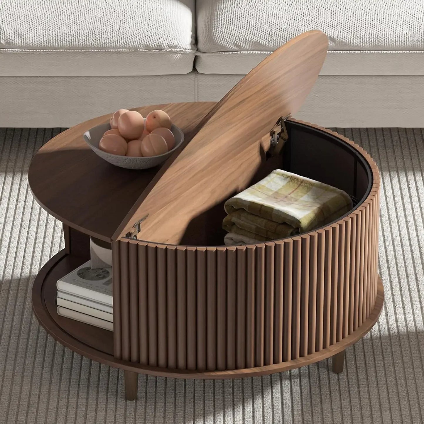 Round Coffee Table with Storage with Sliding Cabinet Door for Living Room