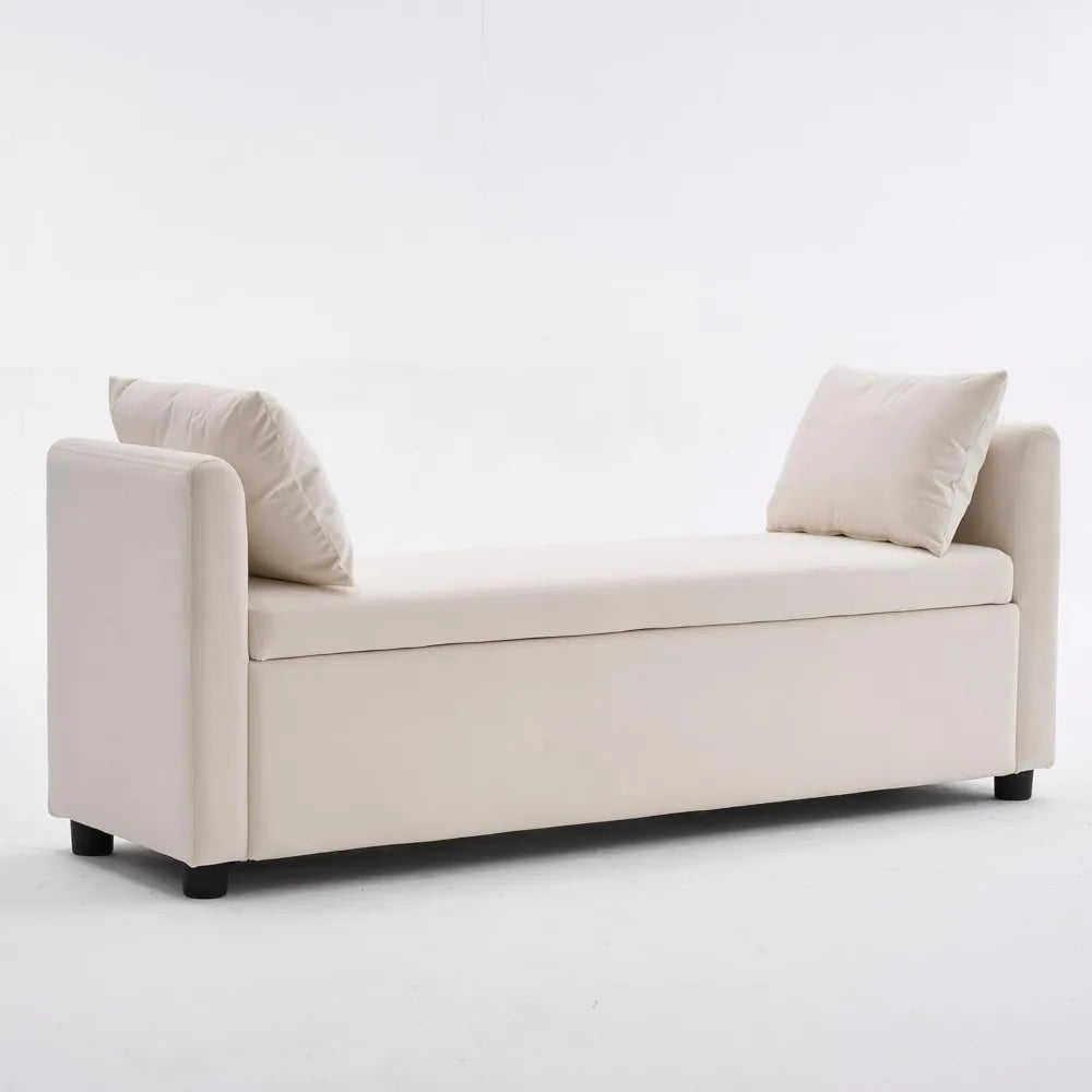 55" End of Bed Bench for King Size Bed, Upholstered Long Ottoman Bench with Arms and 2 Pillows