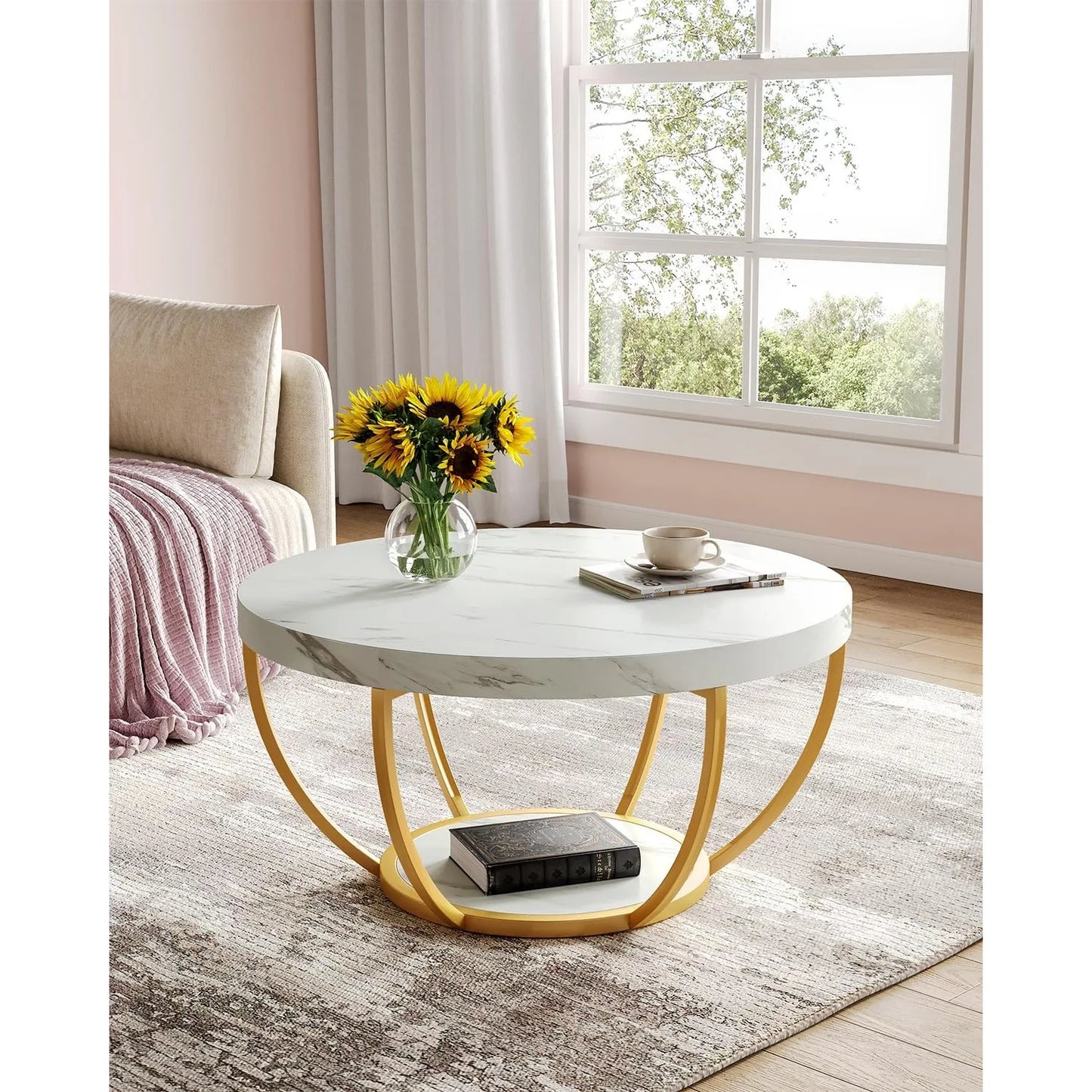 32" Circle Marble Coffee Tables, 2-Tier Golden Metal Legs Accent Center Table with Open Storage