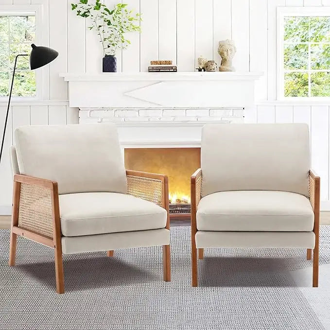 Natural Rattan Living Room Chairs Accent Chair Armchair Set of 2 Modern Fabric Slipper Club Chair