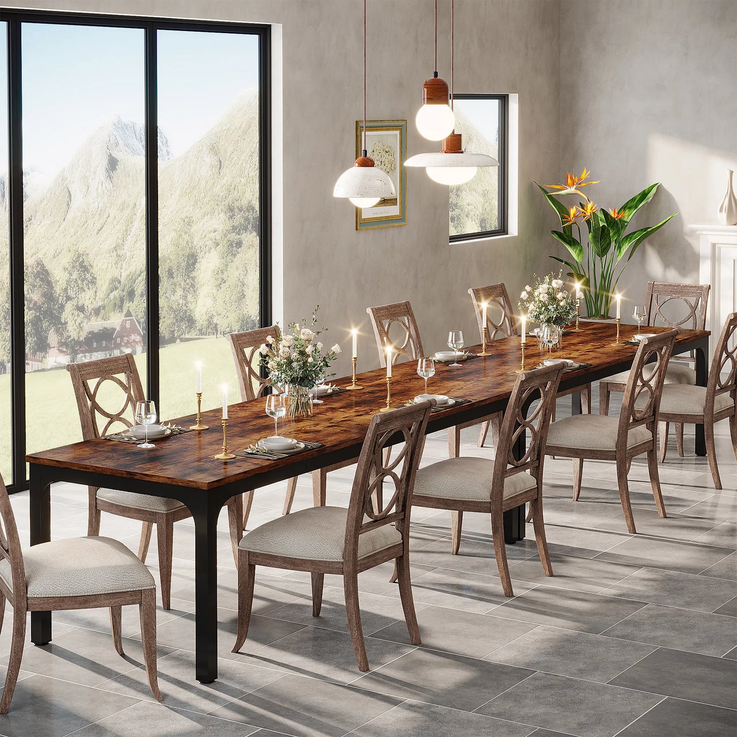 Dining Table for 6-8 People, 200cm Large Narrow Long Rectangular Kitchen Dinner Table, Rustic Wood