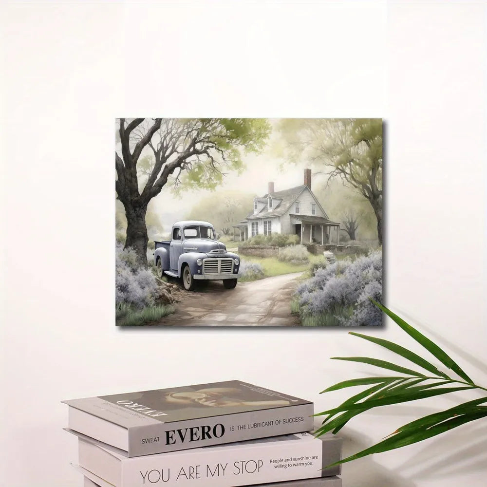 1.5 "chunky wood pine frame, interior decorative art, country farmhouse wood frame art, old truck and barn landscape paintings