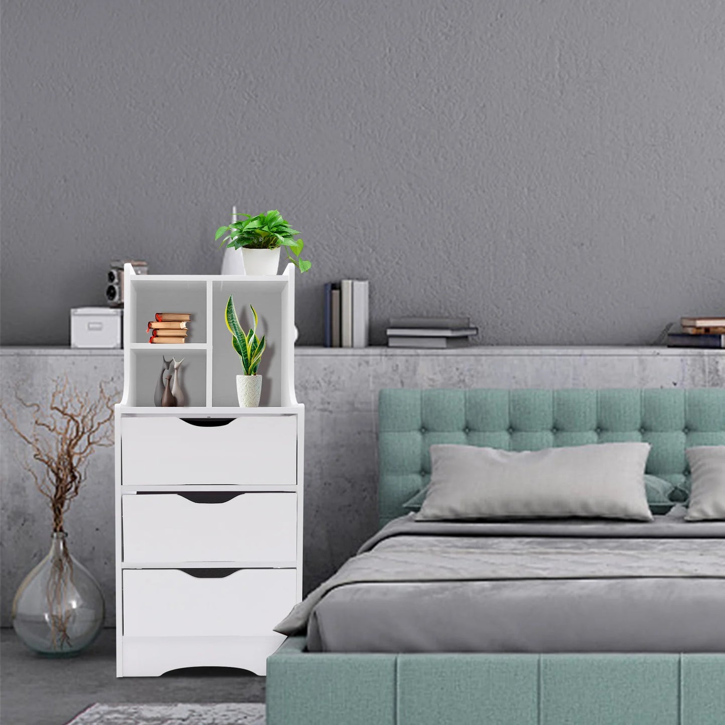White Side Table Bedroom Modern Nightstand Bedside Table with 3 Drawers Multifunctional Mini Storage Cabinet Organizer