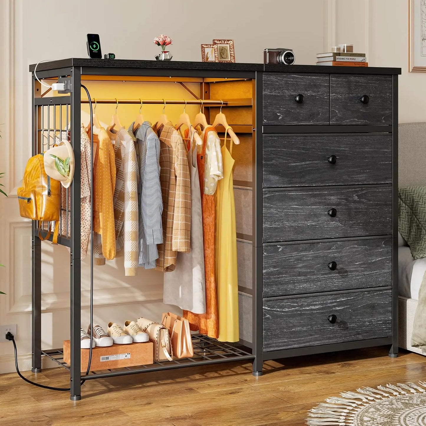 49.2" W White Dresser for Bedroom with Hanging Rack, 6 Drawers Dresser with LED Lights & Charging Station, Fabric Dressers