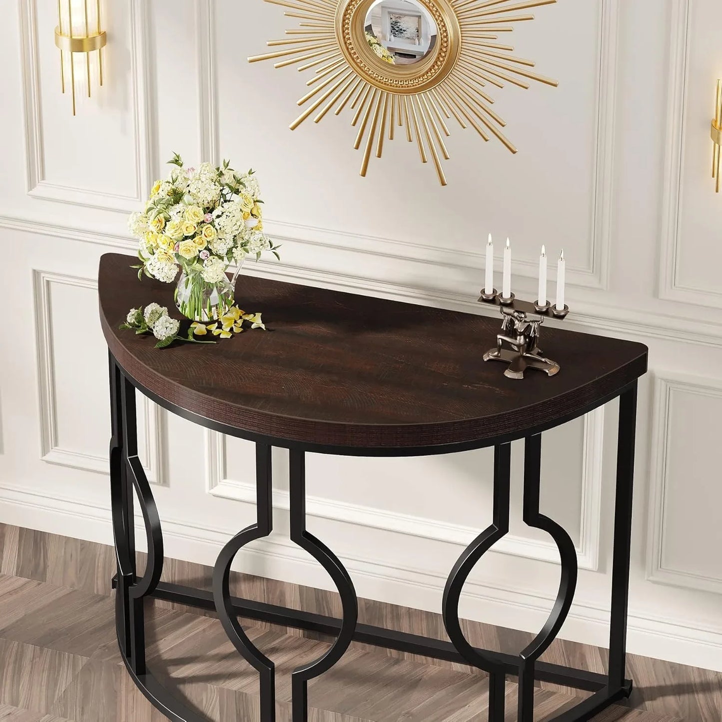 Industrial Semi Circle Sofa Table for Living Room, Hallway, Foyer, Rustic Brown