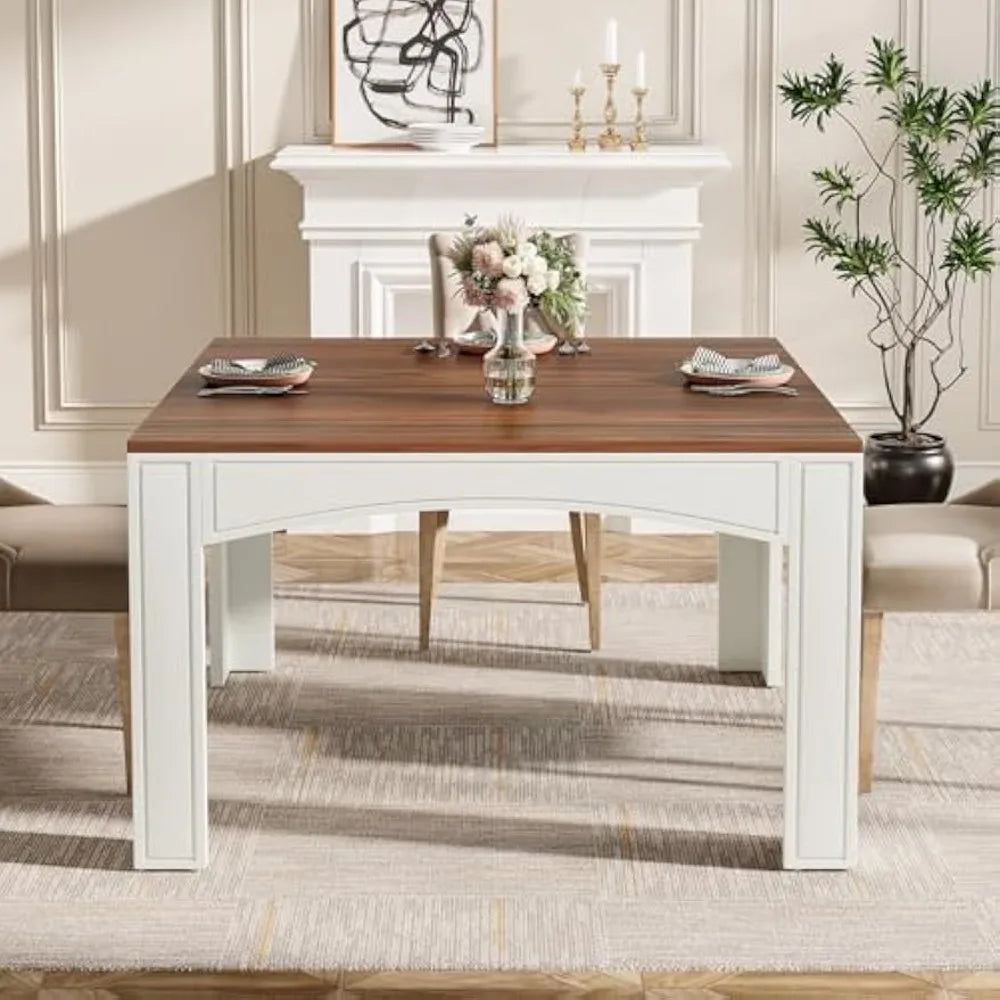 Square Dining Table for 4 Person, 39.4" Farmhouse Wood Kitchen Table Dinner Table for Dining Room, Small Space, Walnut + White