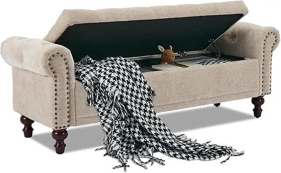 58.1'' Storage Bench Upholstered Linen, End of Bedroom Bed Bench, Ottoman with Tufted Cushion Rolled Arm Large Storage Space