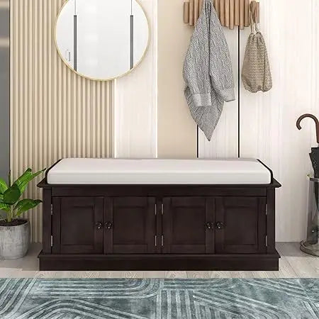 Rustic Storage Bench with 4 Doors and Adjustable Shelves Removable Cushion