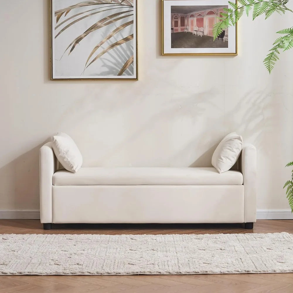 55" End of Bed Bench for King Size Bed, Upholstered Long Ottoman Bench with Arms and 2 Pillows