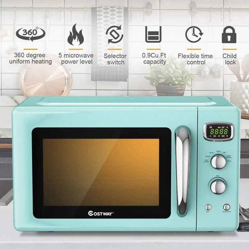 Retro Countertop Microwave Oven, 0.9Cu. ft, 900W Microwave Oven, with 5 Micro Power, Defrost & Auto Cooking Function