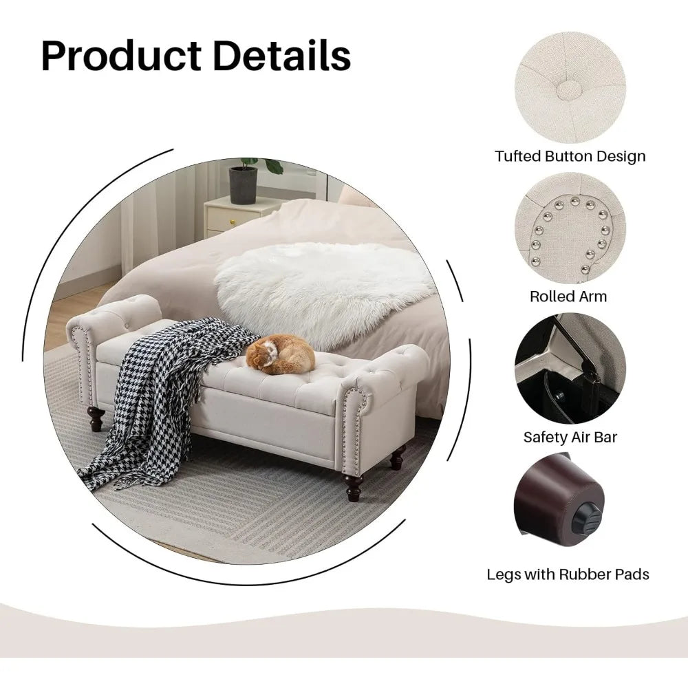 58.1'' Storage Bench Upholstered Linen, End of Bedroom Bed Bench, Ottoman with Tufted Cushion Rolled Arm Large Storage Space
