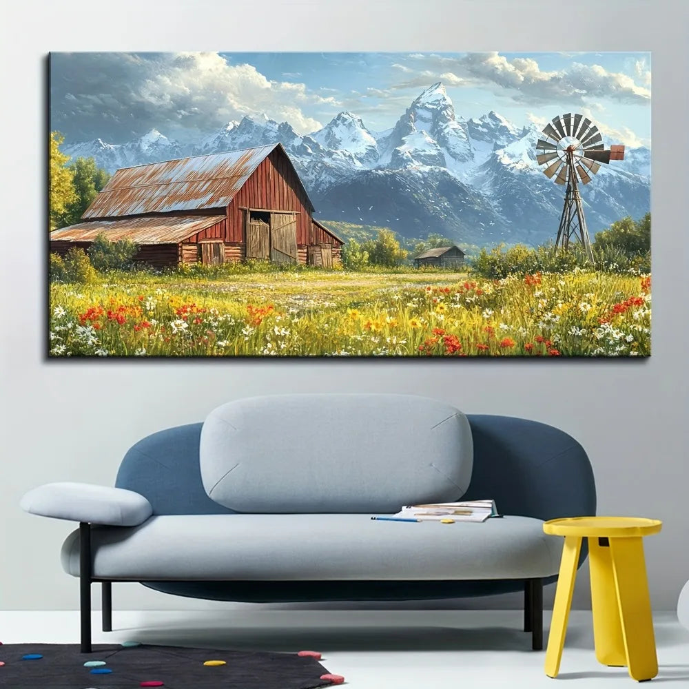 1.5 inch thick pine solid wood frame, natural canvas painting of country farmhouse, modern home art, interior decoration