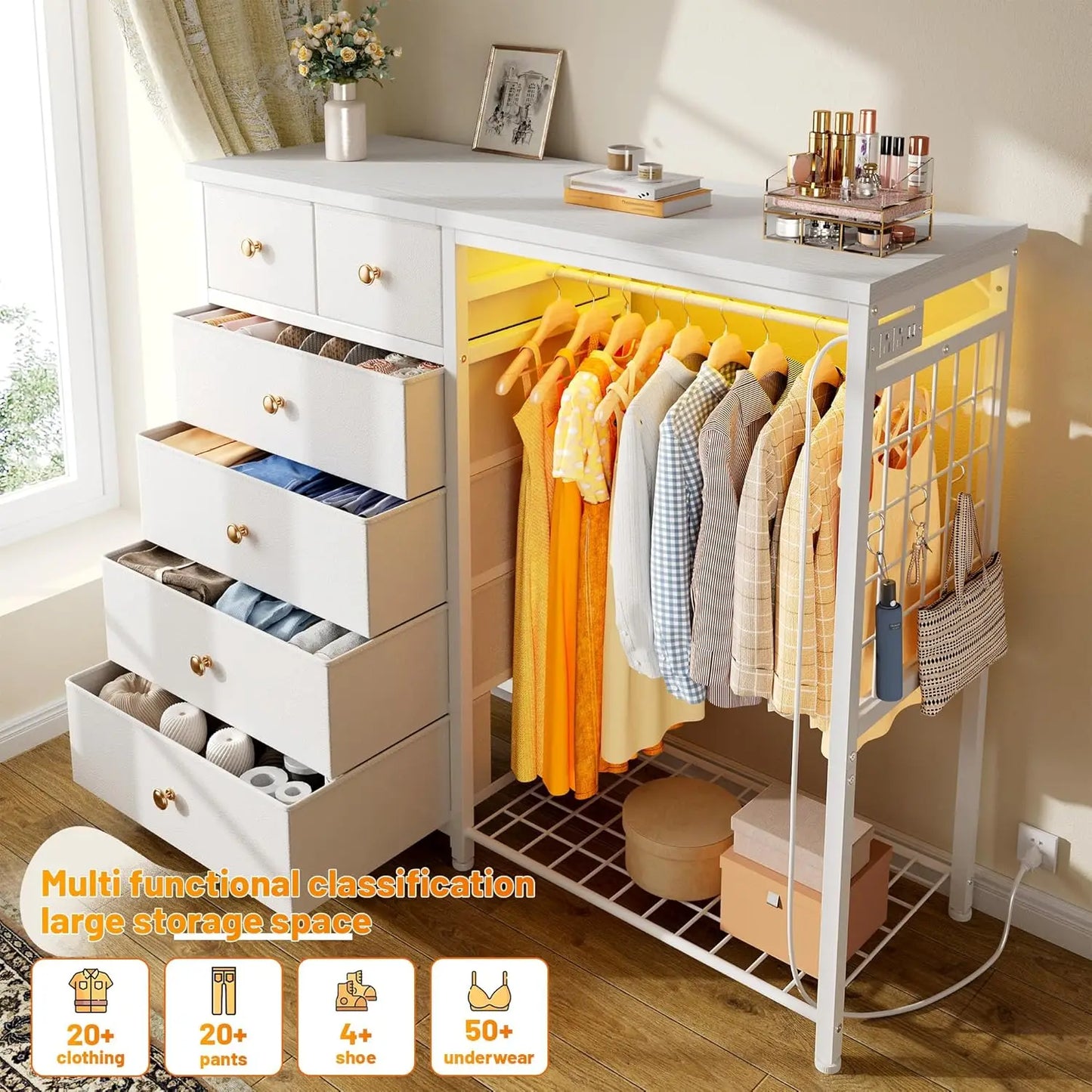 49.2" W White Dresser for Bedroom with Hanging Rack, 6 Drawers Dresser with LED Lights & Charging Station, Fabric Dressers