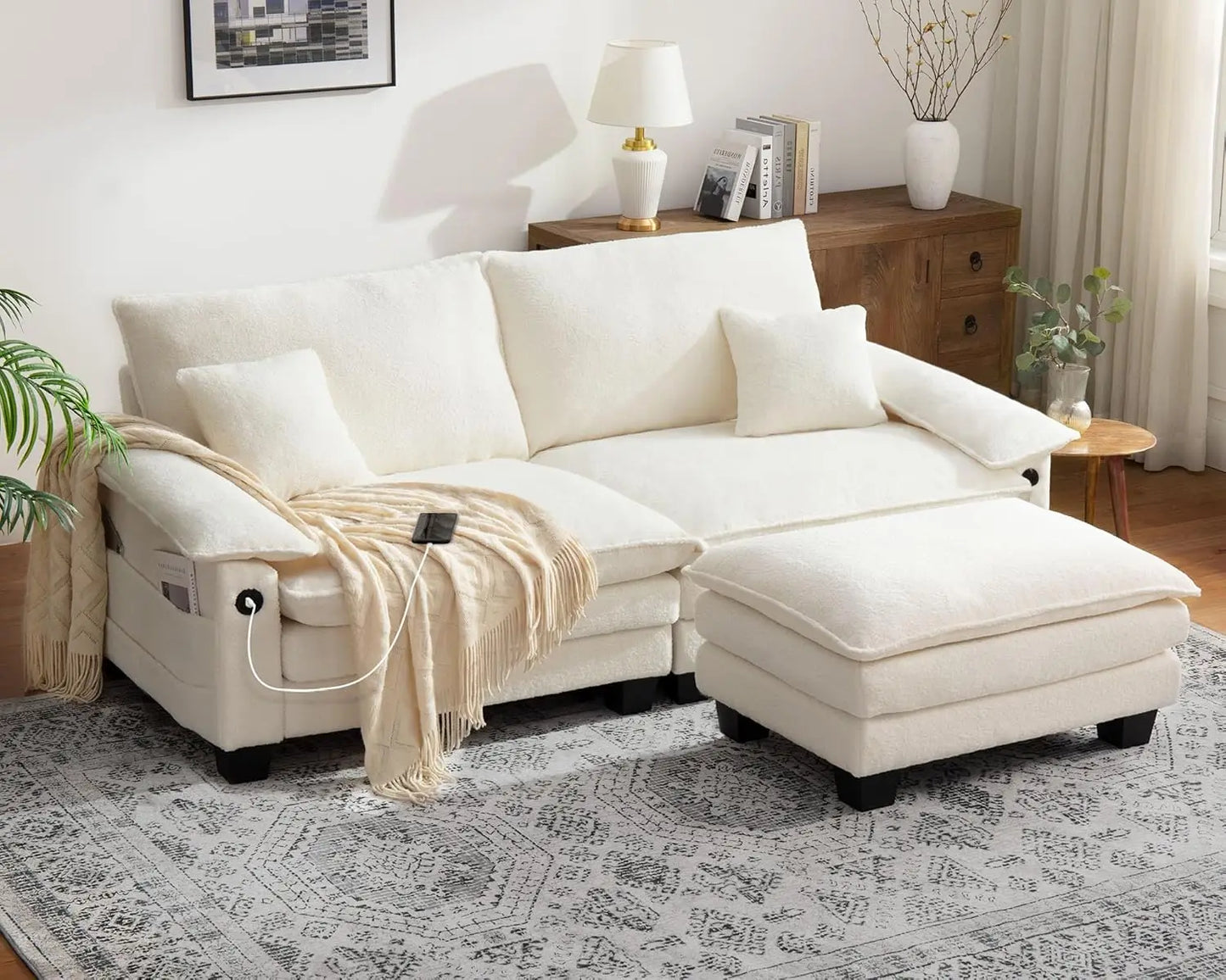 , 76.8’’ Loveseat Modular Sectional Sofa L Shaped Cloud Couch with USB, Side Pocket with Movable Ottoman