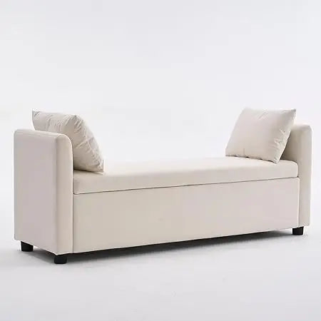 55" End of Bed Bench for King Size Bed, Upholstered Long Ottoman Bench with Arms and 2 Pillows
