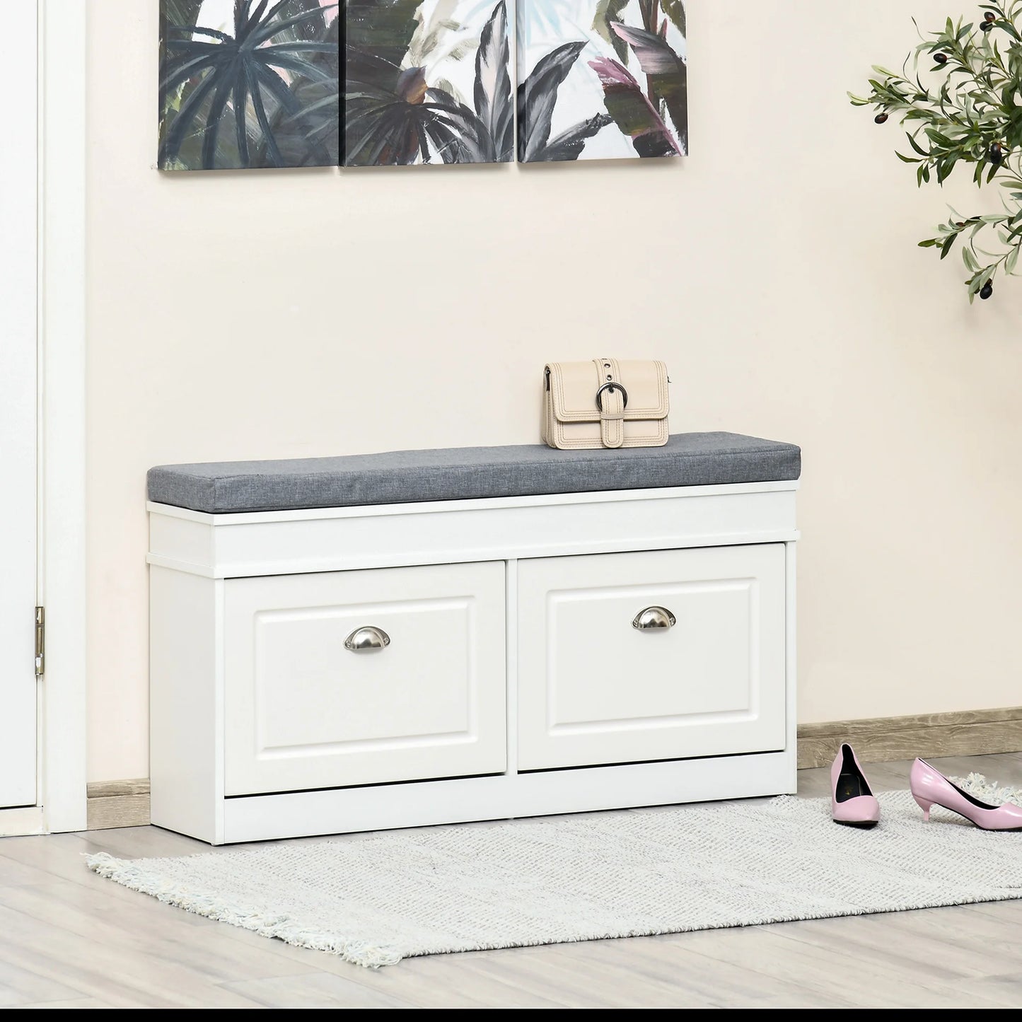 41" Entryway Shoe Rack Bench Storage Organizer Ottoman W/ 2 Drawers, Cushion