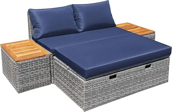 Patio Daybed Set Multifunctional Rattan Lounge Bed with 2 Side Tables for Backyard Porch