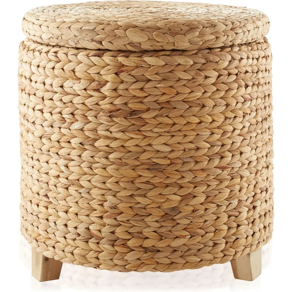 17" Round Storage Ottoman with Lid - Natural, Handwoven Water Hyacinth Footstool for Living Room