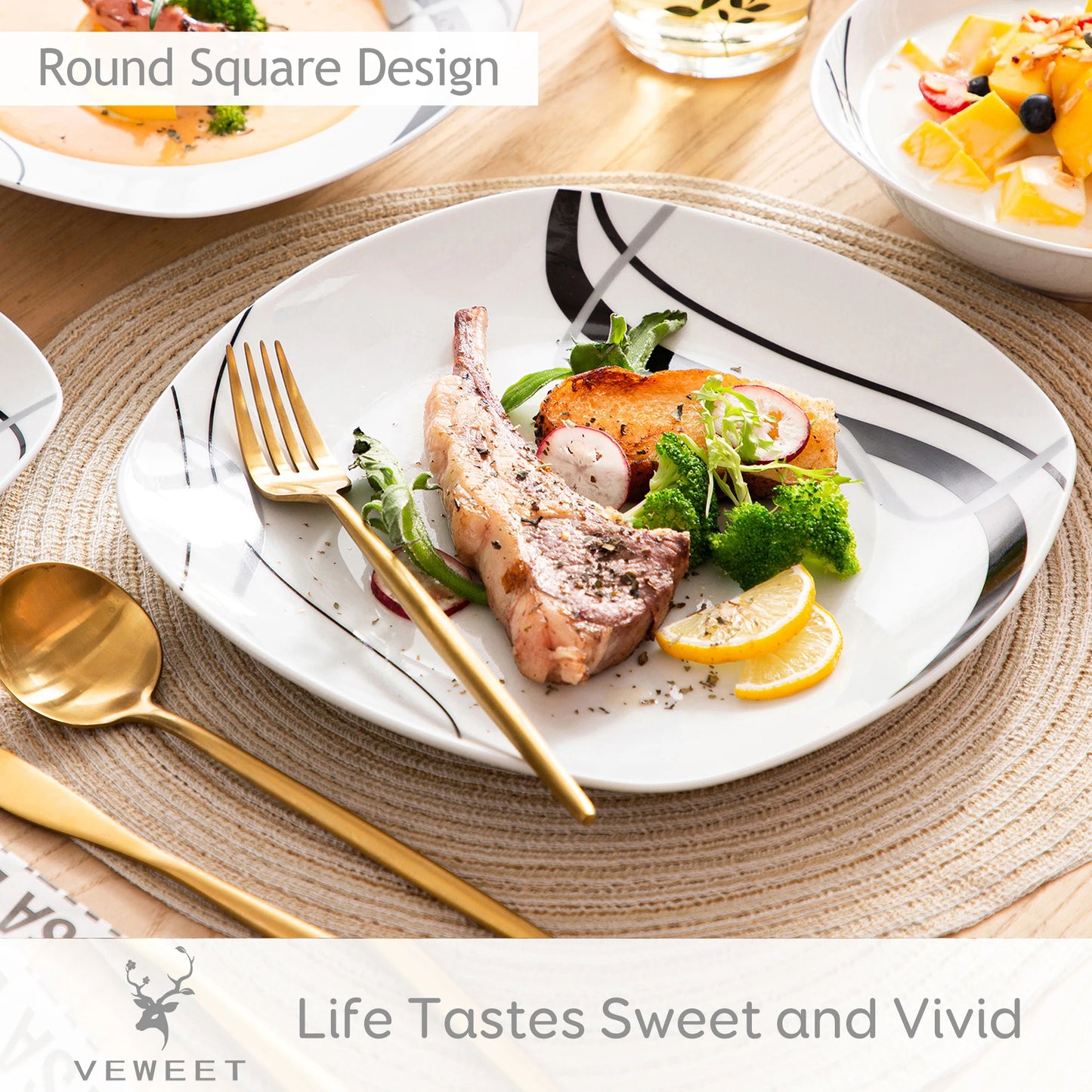 18/36-Piece Porcelain Ceramic Black Line Kitchen Tableware Dishes Plate Set with Dinner Plate,Dessert,Soup Plate