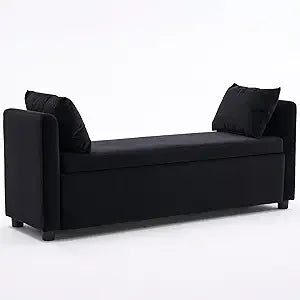 55" End of Bed Bench for King Size Bed, Upholstered Long Ottoman Bench with Arms and 2 Pillows