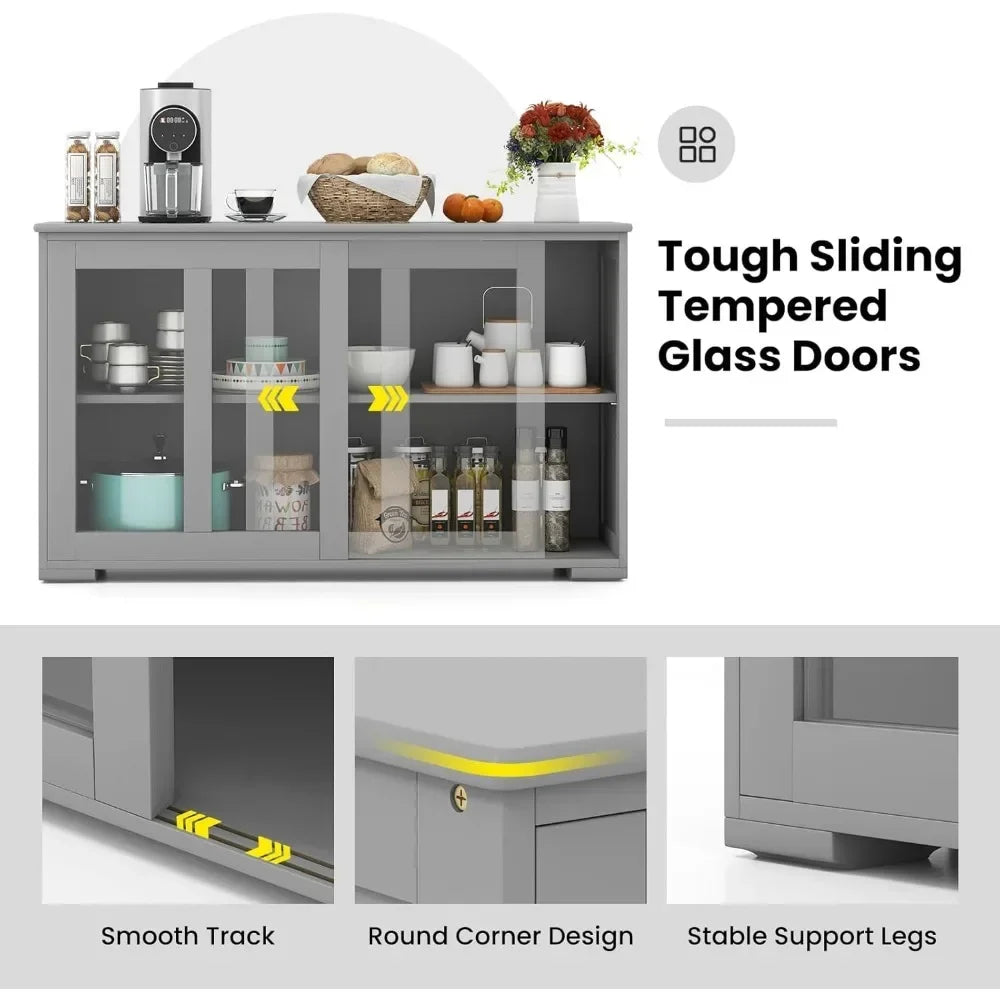 Buffet Sideboard with Storage, with Sliding Tempered Glass Cabinet & Adjustable Shelf, Stackable Storage