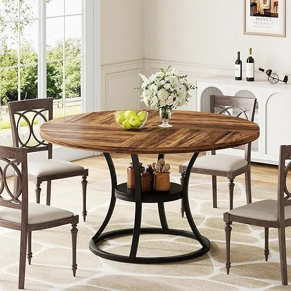 47 inch Wood Dining Room Table with Storage Shelf, Farmhouse Kitchen Table with Metal Base