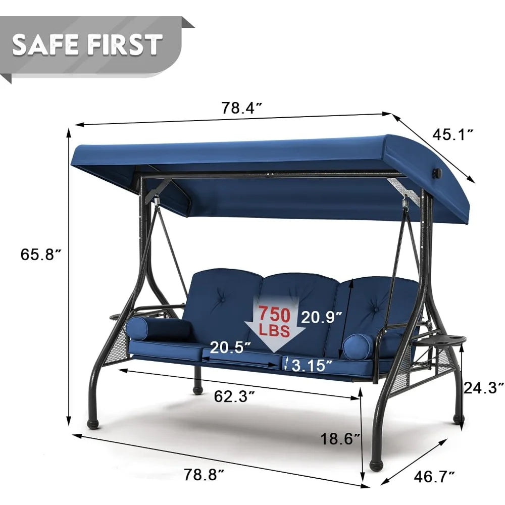3 Seat Porch Swing W/Adjustable Canopy, Convertible Patio Swings Bed with Stand and Upgraded Cup Holder, Thicken Cushions&Pillow